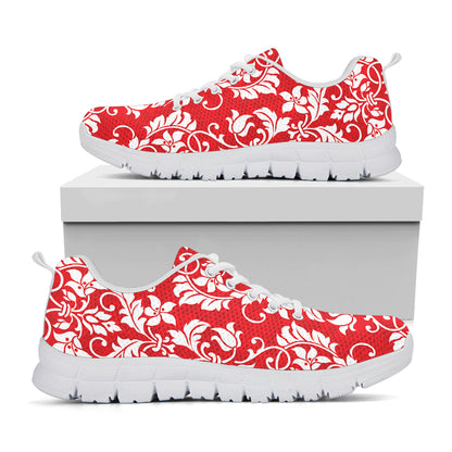 Red And White Damask Pattern Print White Sneakers