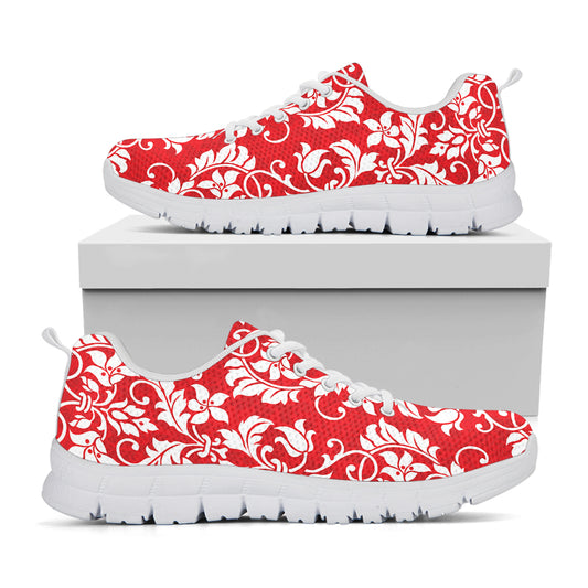 Red And White Damask Pattern Print White Sneakers