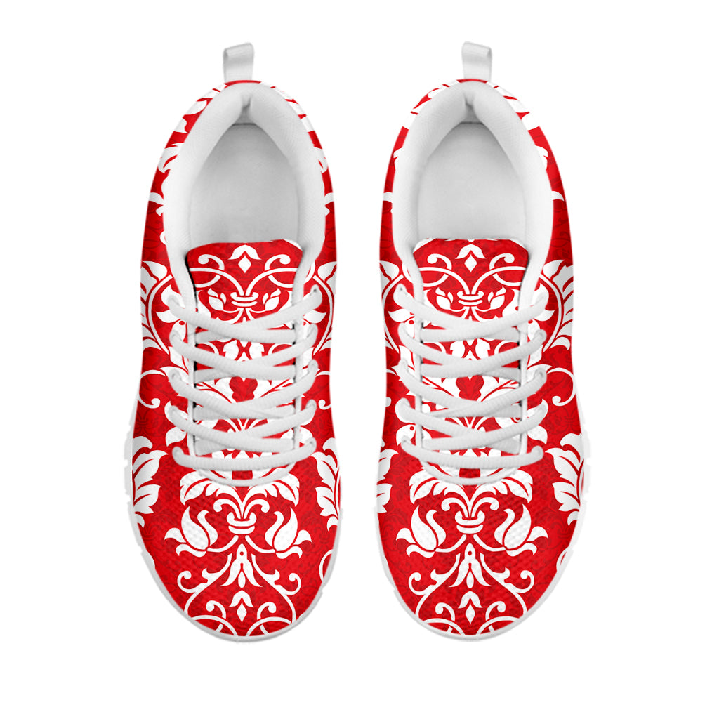 Red And White Damask Pattern Print White Sneakers