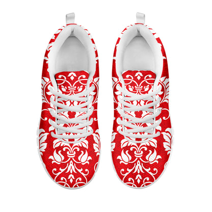 Red And White Damask Pattern Print White Sneakers