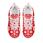 Red And White Damask Pattern Print White Sneakers