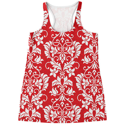 Red And White Damask Pattern Print Women's Racerback Tank Top