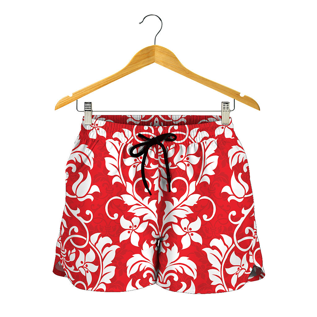 Red And White Damask Pattern Print Women's Shorts