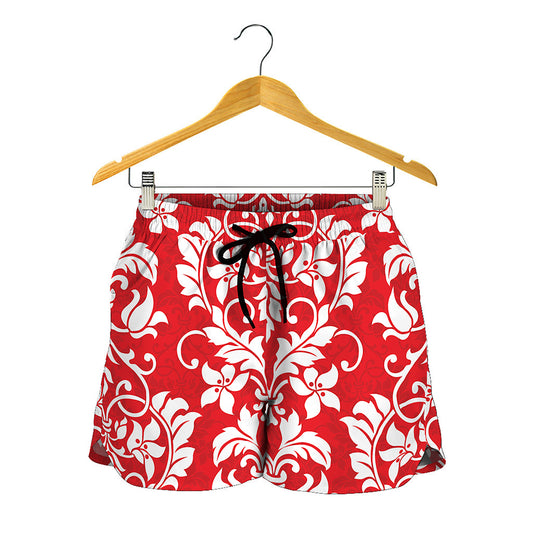 Red And White Damask Pattern Print Women's Shorts
