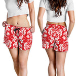 Red And White Damask Pattern Print Women's Shorts