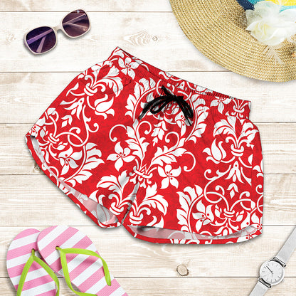 Red And White Damask Pattern Print Women's Shorts