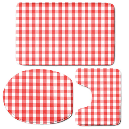 Red And White Gingham Pattern Print 3 Piece Bath Mat Set