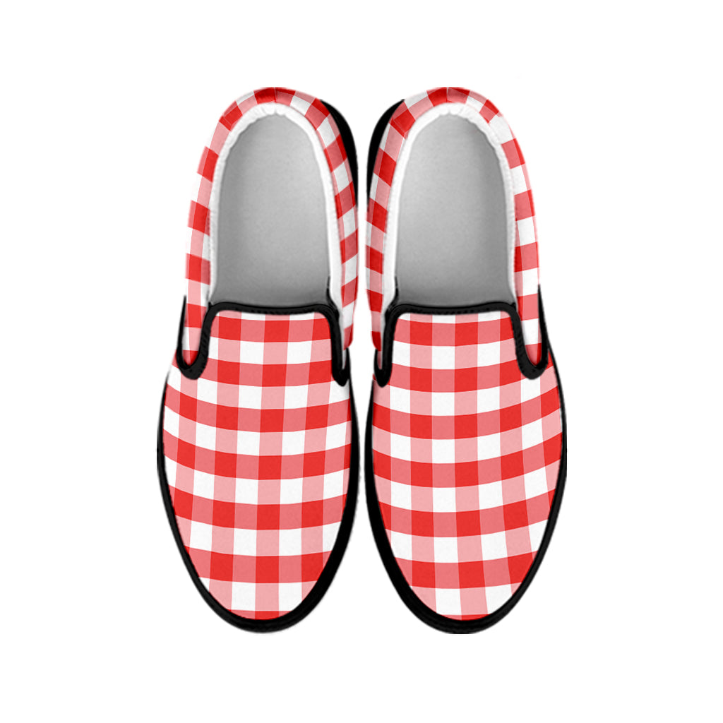 Red And White Gingham Pattern Print Black Slip On Shoes