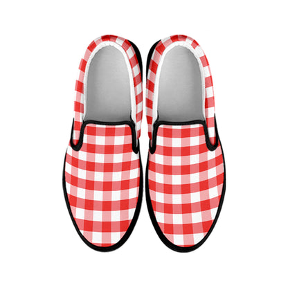 Red And White Gingham Pattern Print Black Slip On Shoes
