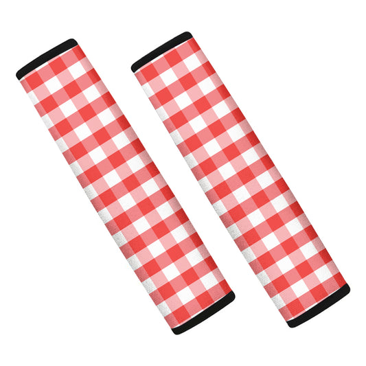 Red And White Gingham Pattern Print Car Seat Belt Covers