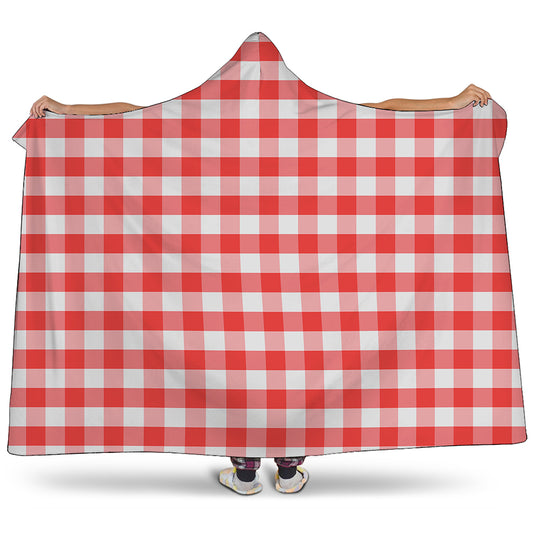 Red And White Gingham Pattern Print Hooded Blanket