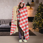 Red And White Gingham Pattern Print Hooded Blanket