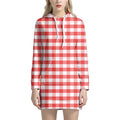 Red And White Gingham Pattern Print Pullover Hoodie Dress