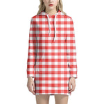 Red And White Gingham Pattern Print Hoodie Dress