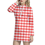 Red And White Gingham Pattern Print Hoodie Dress