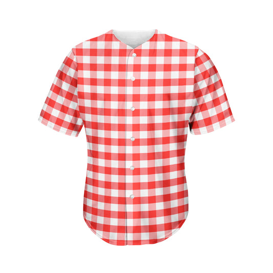 Red And White Gingham Pattern Print Men's Baseball Jersey