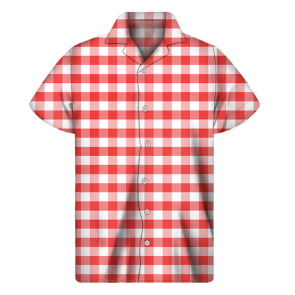 Red And White Gingham Pattern Print Men's Short Sleeve Shirt