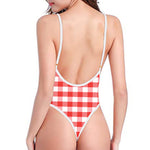 Red And White Gingham Pattern Print One Piece High Cut Swimsuit