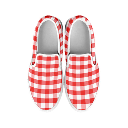 Red And White Gingham Pattern Print White Slip On Shoes