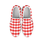 Red And White Gingham Pattern Print White Slip On Shoes