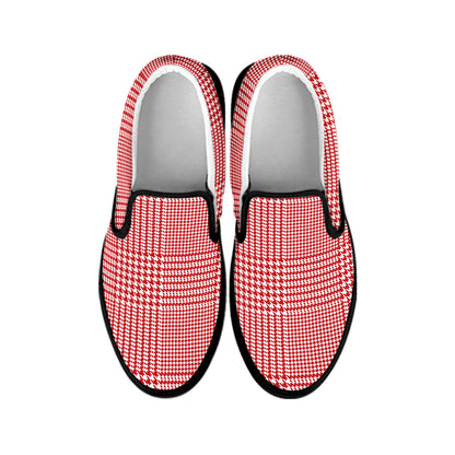 Red And White Glen Plaid Print Black Slip On Shoes