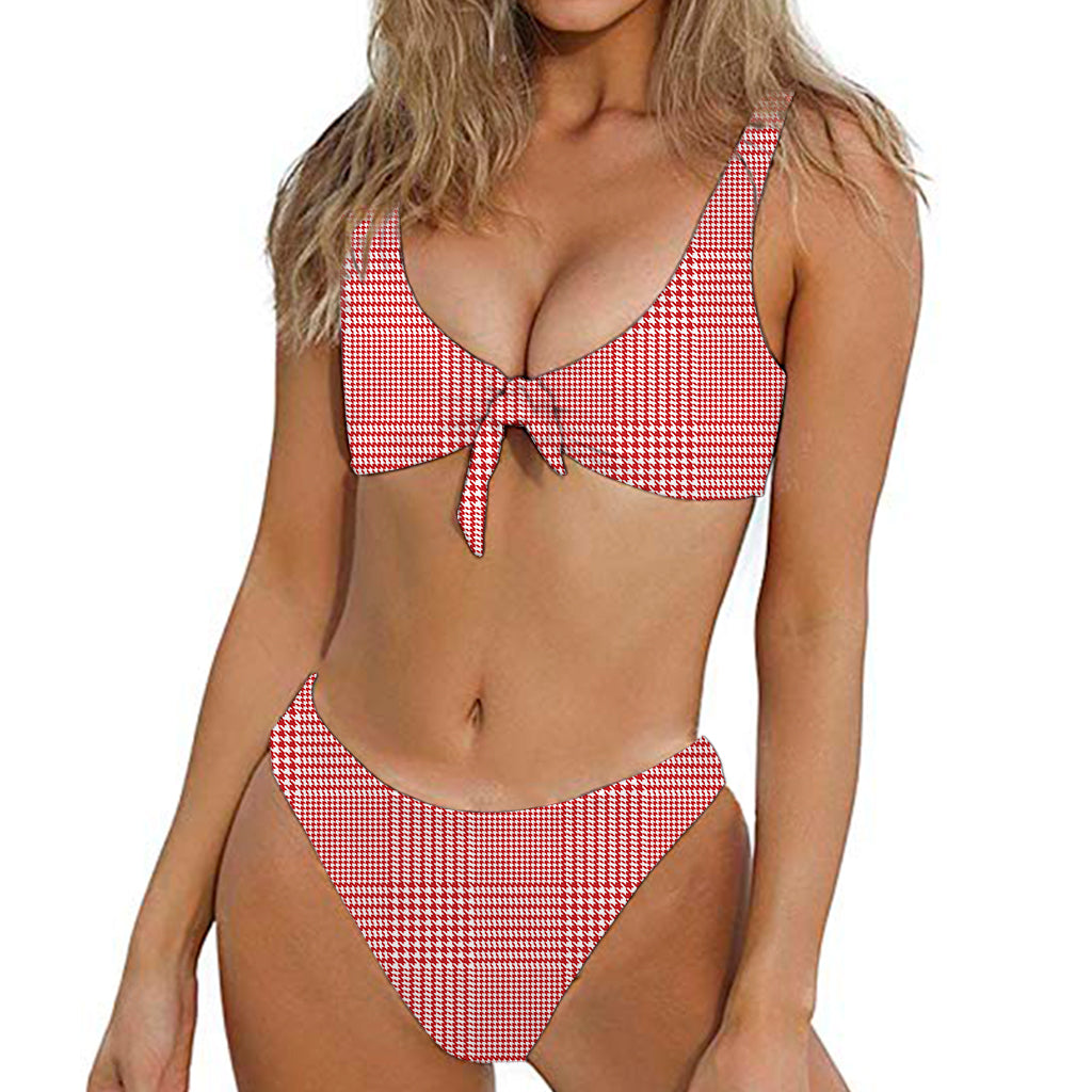 Red And White Glen Plaid Print Front Bow Tie Bikini