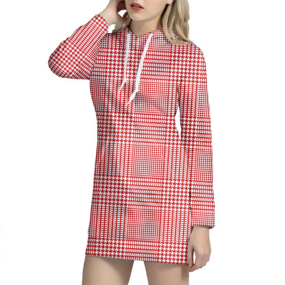 Red And White Glen Plaid Print Hoodie Dress