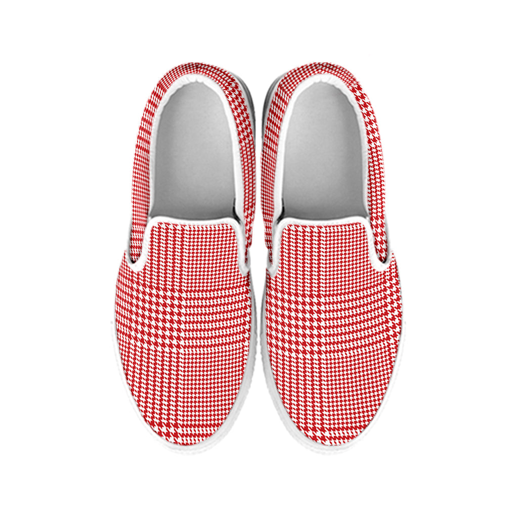 Red And White Glen Plaid Print White Slip On Shoes