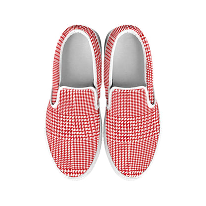 Red And White Glen Plaid Print White Slip On Shoes