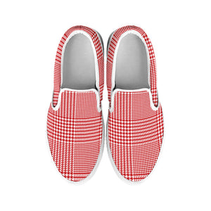 Red And White Glen Plaid Print White Slip On Shoes