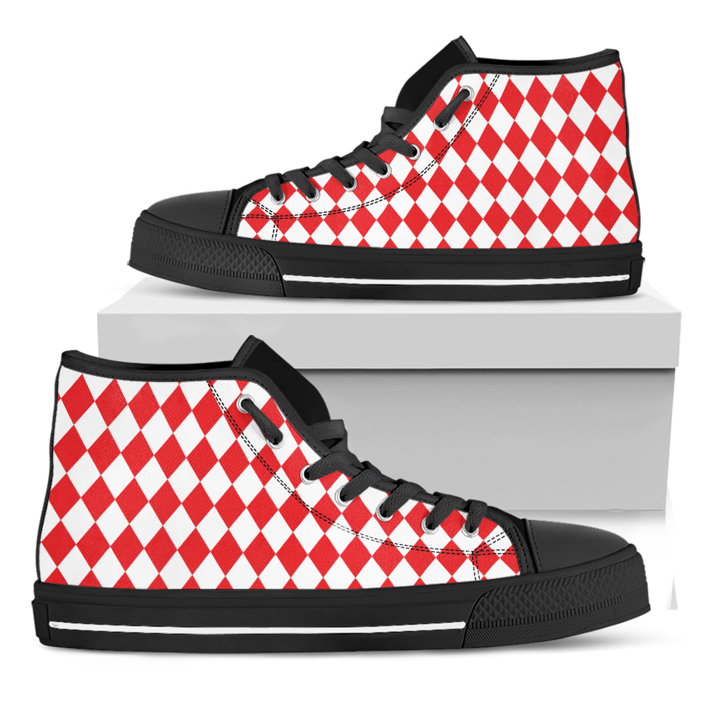 Red And White Harlequin Pattern Print Black High Top Shoes