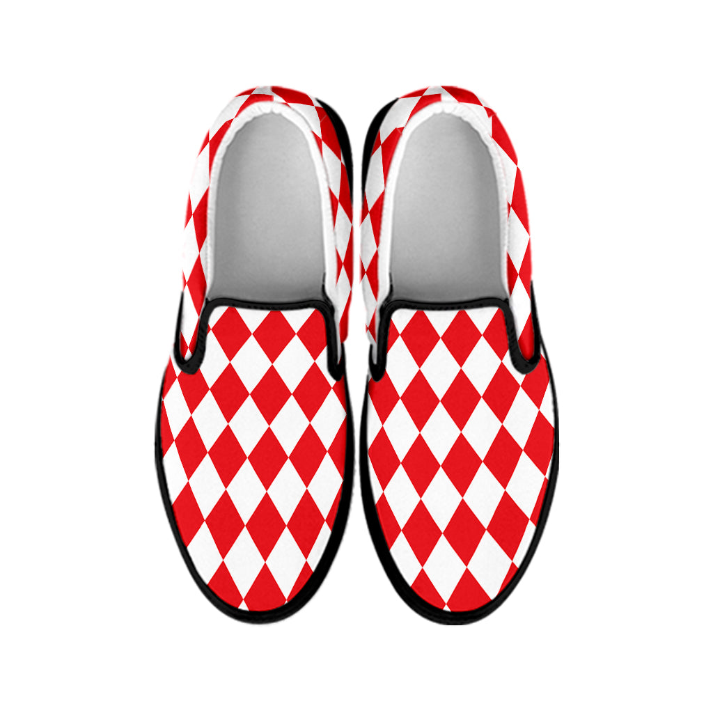 Red And White Harlequin Pattern Print Black Slip On Shoes