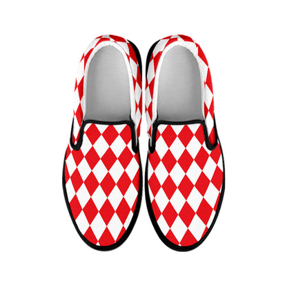 Red And White Harlequin Pattern Print Black Slip On Shoes