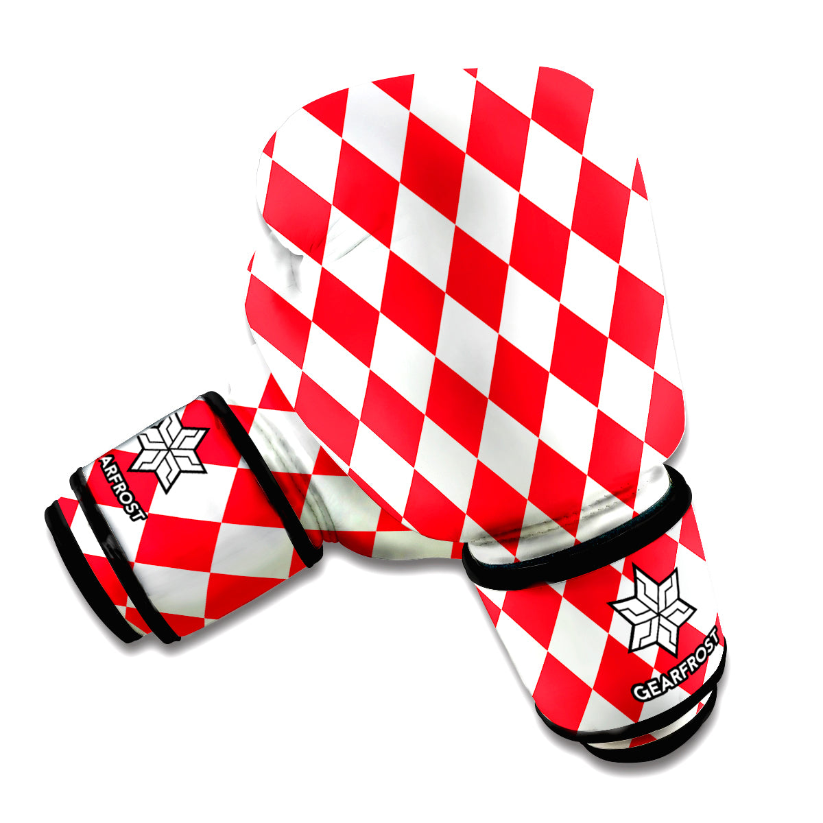 Red And White Harlequin Pattern Print Boxing Gloves