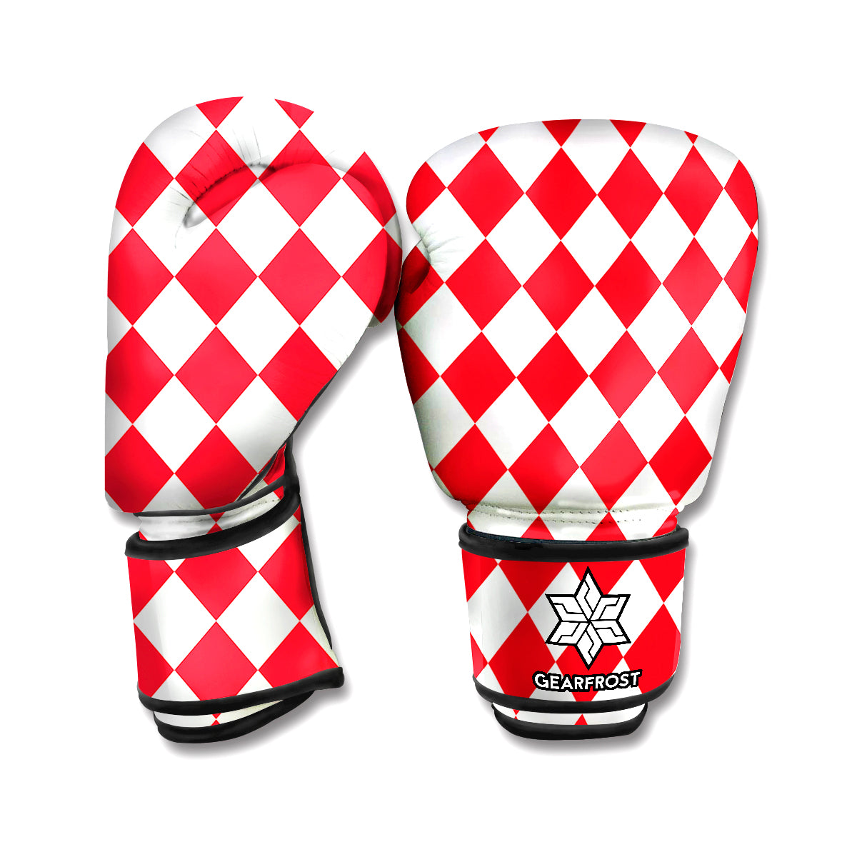 Red And White Harlequin Pattern Print Boxing Gloves