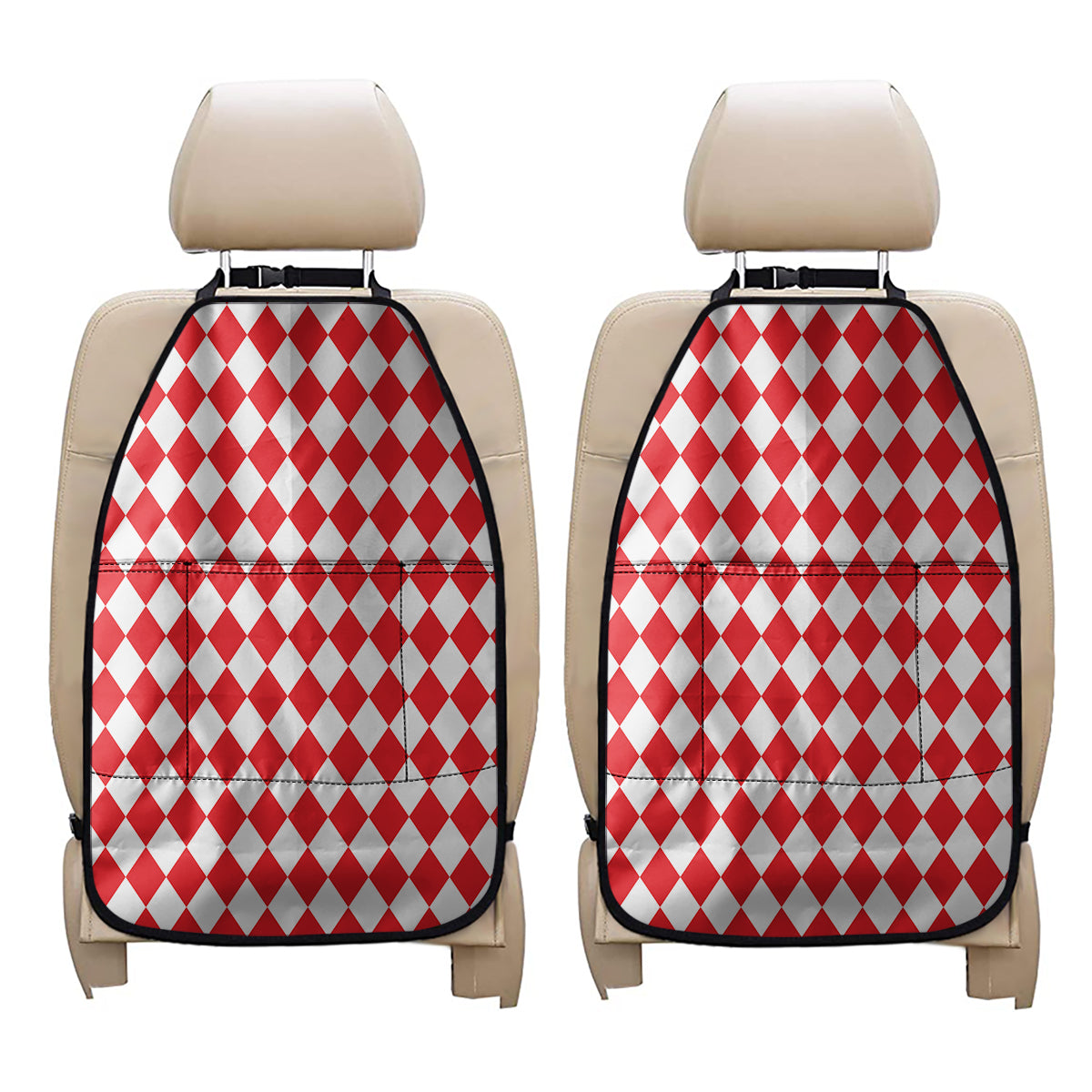 Red And White Harlequin Pattern Print Car Seat Organizers