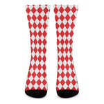 Red And White Harlequin Pattern Print Crew Socks