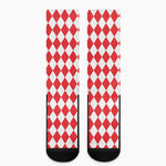 Red And White Harlequin Pattern Print Crew Socks