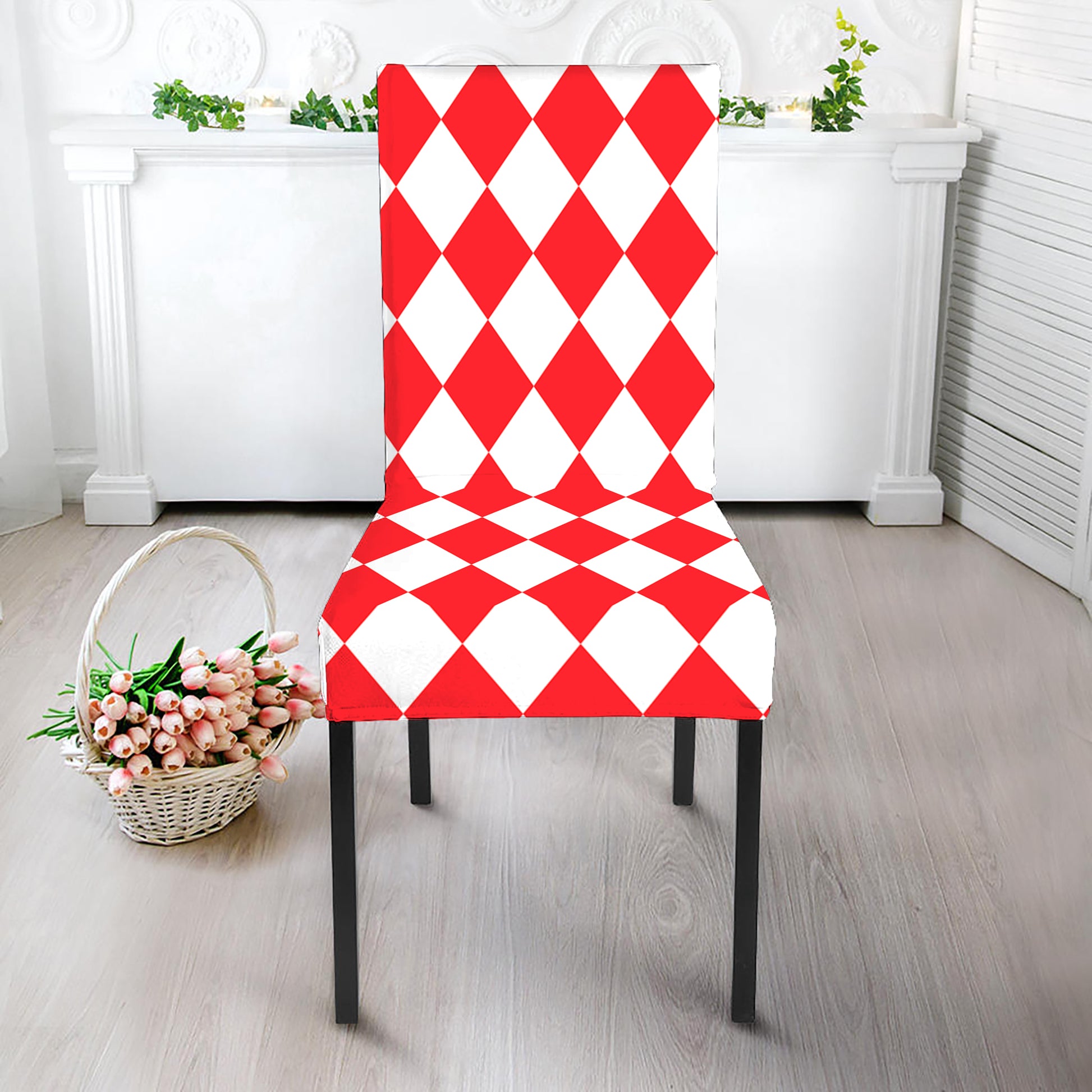 Red And White Harlequin Pattern Print Dining Chair Slipcover