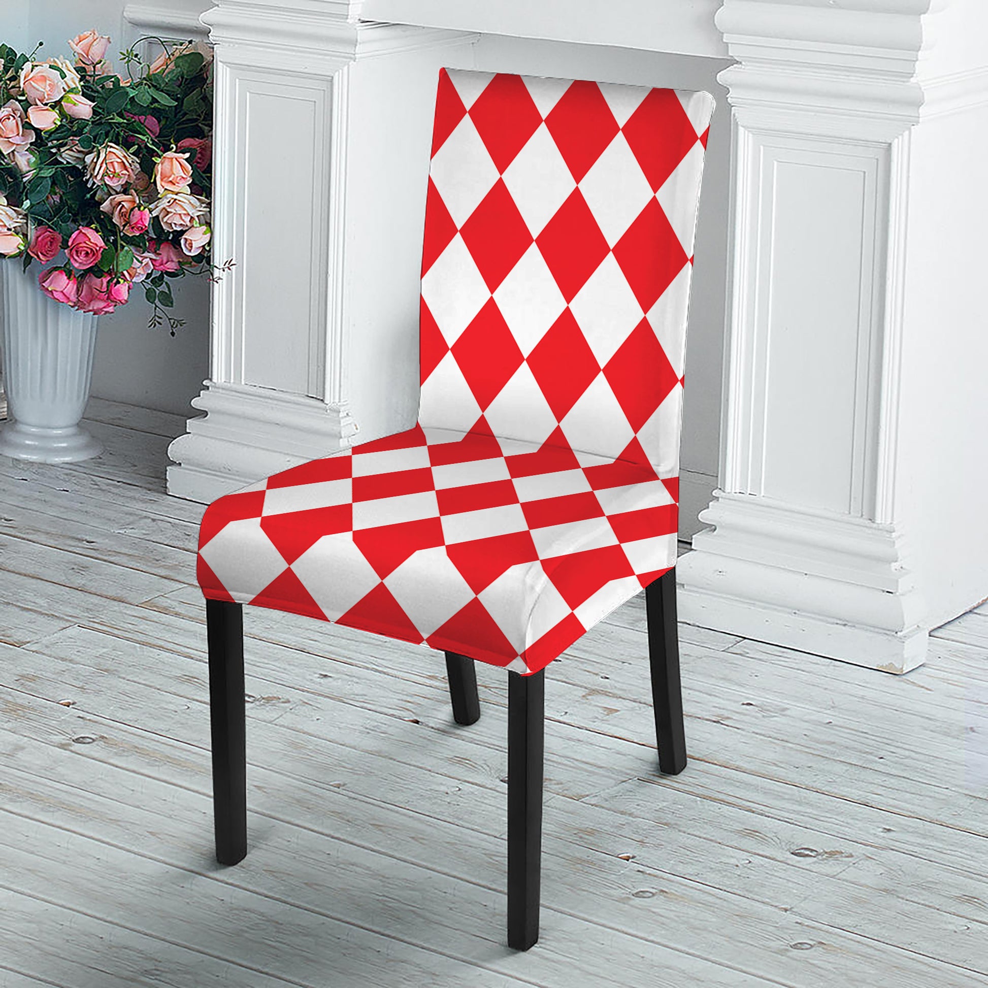 Red And White Harlequin Pattern Print Dining Chair Slipcover