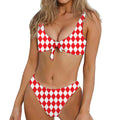 Red And White Harlequin Pattern Print Front Bow Tie Bikini
