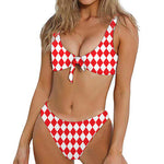 Red And White Harlequin Pattern Print Front Bow Tie Bikini