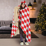 Red And White Harlequin Pattern Print Hooded Blanket
