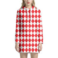 Red And White Harlequin Pattern Print Pullover Hoodie Dress
