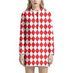Red And White Harlequin Pattern Print Hoodie Dress
