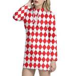 Red And White Harlequin Pattern Print Hoodie Dress