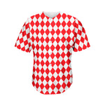 Red And White Harlequin Pattern Print Men's Baseball Jersey