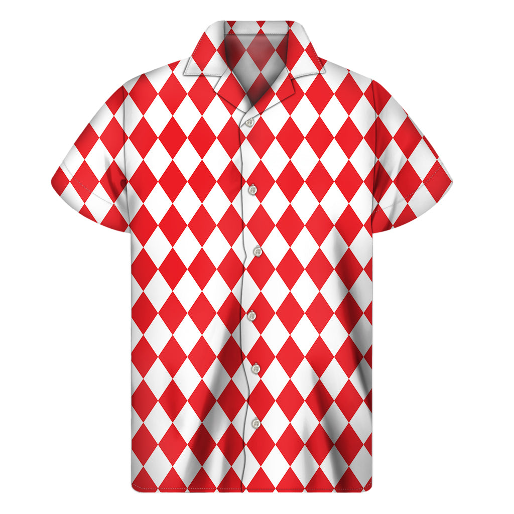 Red And White Harlequin Pattern Print Men's Short Sleeve Shirt