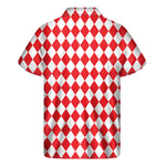 Red And White Harlequin Pattern Print Men's Short Sleeve Shirt