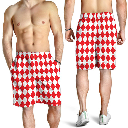 Red And White Harlequin Pattern Print Men's Shorts